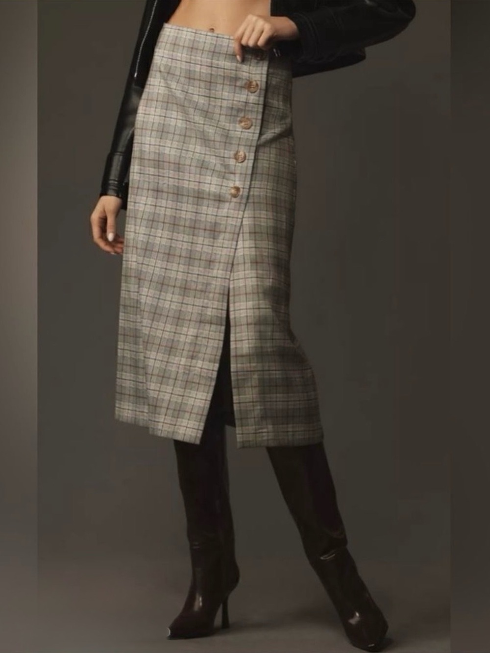 porridge x Anthropologie L Neutral Motif Button Side Plaid Midi Skirt - Picture 3 of 16